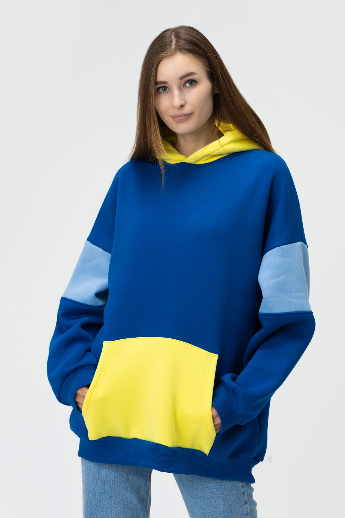 Худі однотонний жіночий MDG 241336 One Size Синьо-жовтий (2000990033833W)  Фото №0