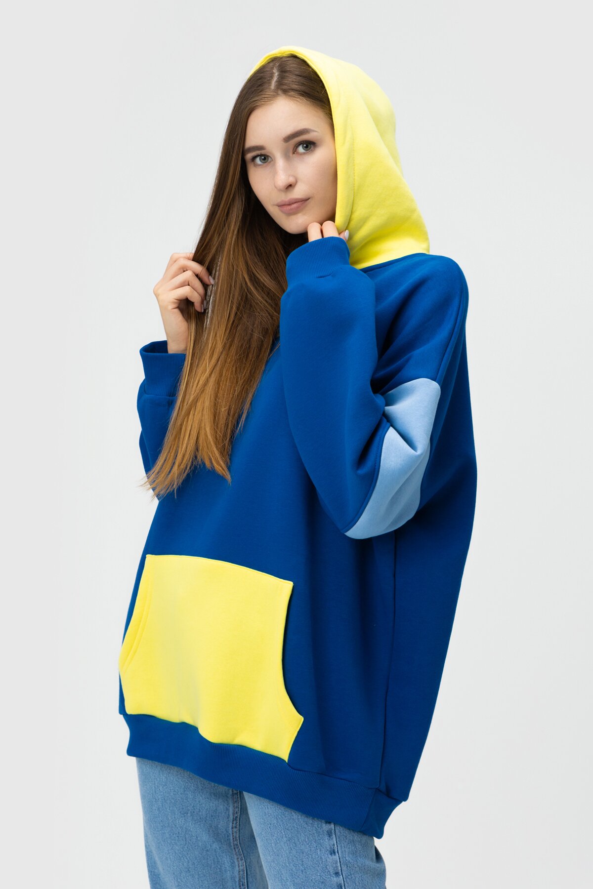 Худі однотонний жіночий MDG 241336 One Size Синьо-жовтий (2000990033833W)  Фото №1