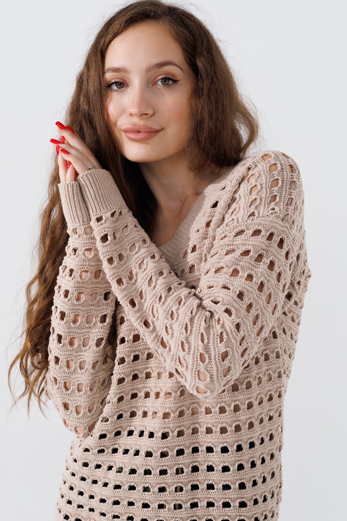 Пуловер однотонний жіночий Femme 1016 One Size Бежевий (2000989871156D)  Фото №2