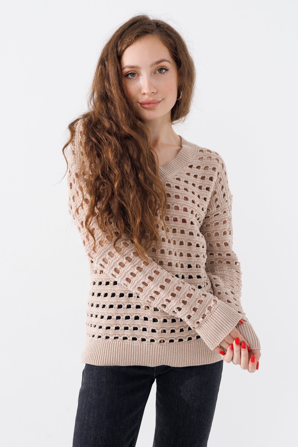 Пуловер однотонний жіночий Femme 1016 One Size Бежевий (2000989871156D)  Фото №0
