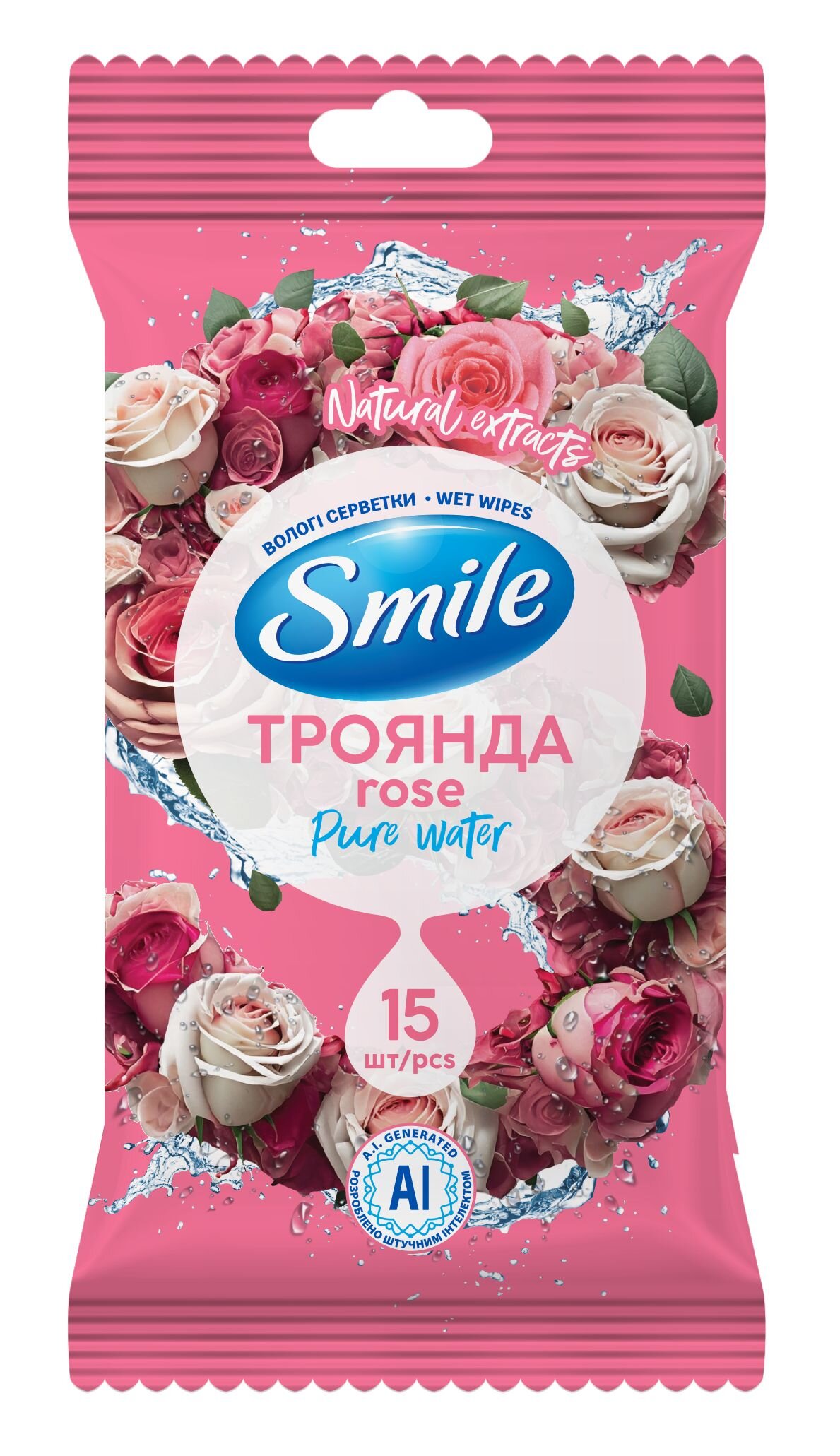 Салфетка влажная SMILE 42224912 Daily Роза 15 шт. (4820048482219A)