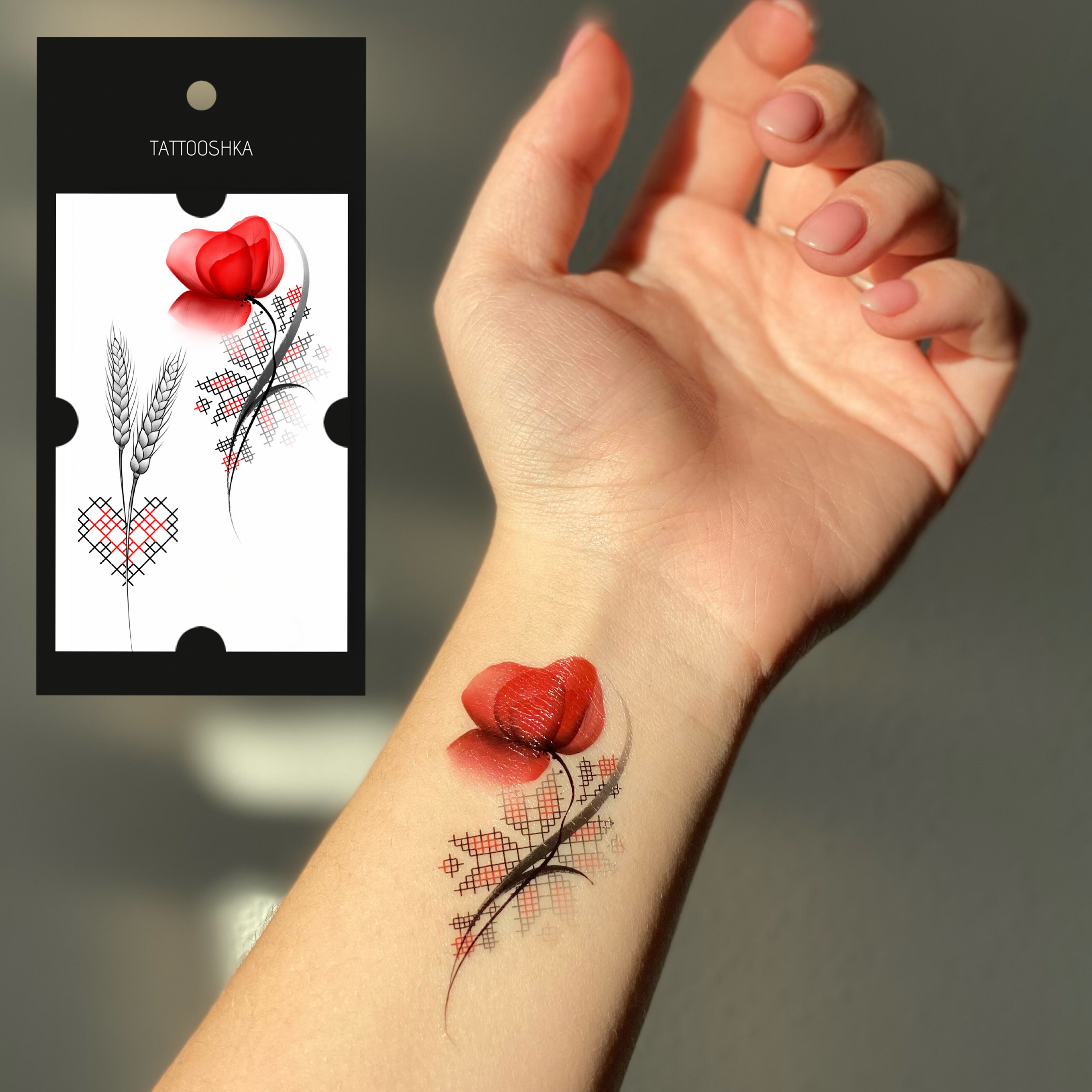 Тимчасові тату Tattooshka &quot;Український мак із вишиванкою&quot; L-56 (4825800010099)  Фото №1