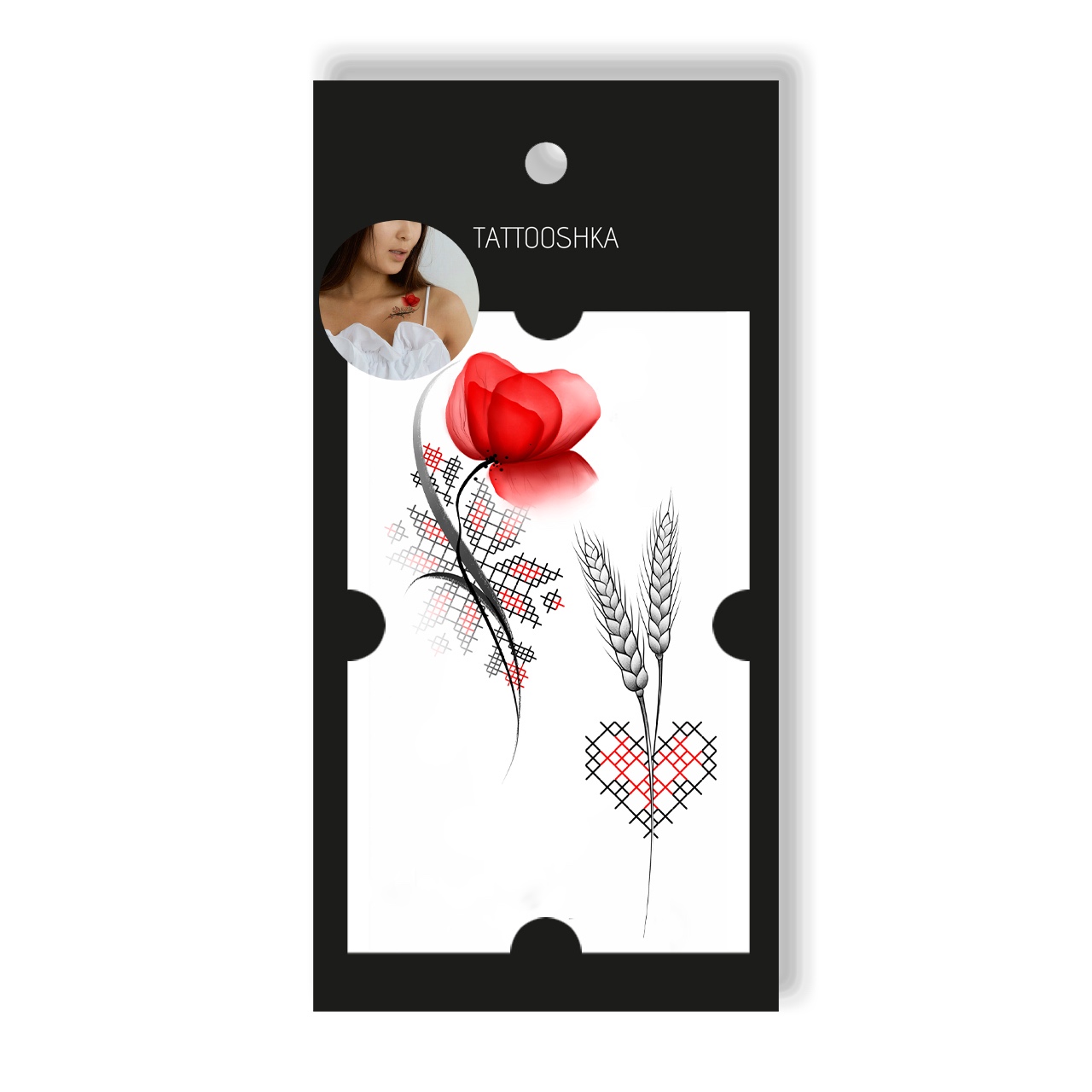 Тимчасові тату Tattooshka &quot;Український мак із вишиванкою&quot; L-56 (4825800010099)  Фото №0